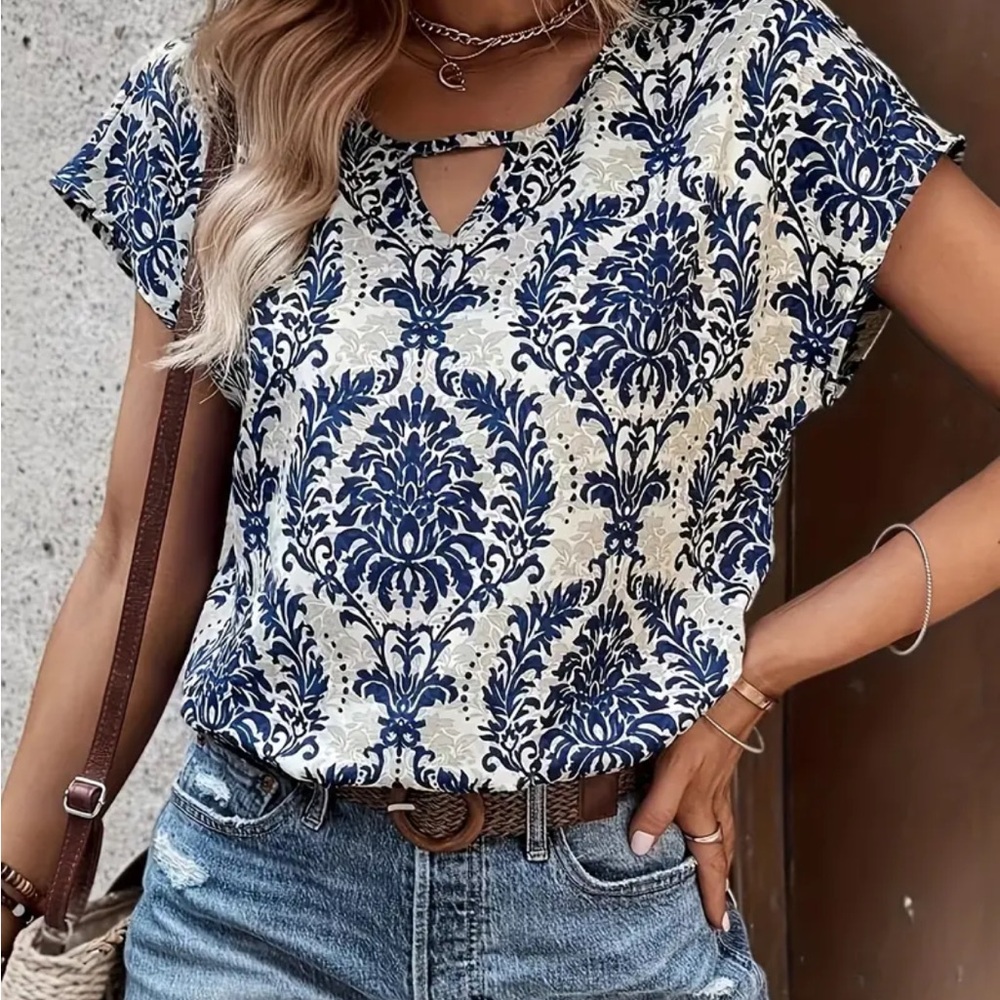 *NEW* Ethnic Navy Print Cut Out Blouse